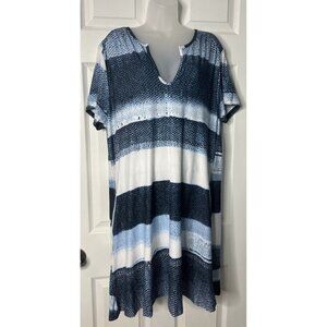 Aster Plus Size 1X Tunic Top - V-Neck, Short Sleeve, Shades of Blue